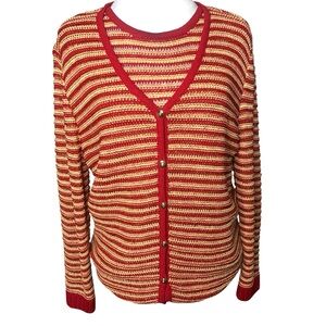 Vintage Y2K St. John Red Tan Gold Striped Large 2 Piece Tank Top Cardigan Set